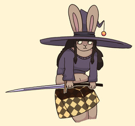 anthro clothed clothing female fur hair hat headgear headwear melee_weapon simple_background solo sword weapon witch_hat thegunkster lagomorph leporid mammal rabbit digital_media_(artwork) hi_res shaded