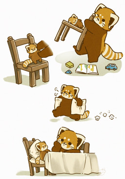 biped black_eyes black_nose brown_body chair chibi dot_eyes feral furniture pillow plushie simple_eyes sitting solo shi_nominmin ailurid mammal red_panda 2023 hi_res