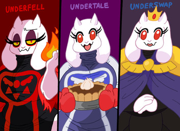 alternate_universe anthro belly big_breasts breasts clothed clothing crown curvy_figure dress elemental_manipulation eyelashes female fire fire_manipulation food group happy headgear holding_food holding_object holding_pie looking_at_viewer mature_female open_mouth open_smile pastry pie queen red_eyes royalty slightly_chubby smile trio white_body teddynours underfell underswap undertale undertale_(series) toriel toriel_(underfell) toriel_(underswap) boss_monster_(undertale) bovid caprine goat mammal hi_res