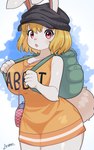 2024 5:8 5_fingers absurd_res anthro artist_name arumo backpack big_breasts big_butt blonde_hair breasts butt carrot_(one_piece) clothed clothing curvy_figure eyelashes female fingers hair hat headgear headwear hi_res hourglass_figure lagomorph leporid looking_at_viewer mammal minkmen_(one_piece) one_piece open_mouth rabbit short_hair solo tail text text_on_clothing thick_thighs wide_hips