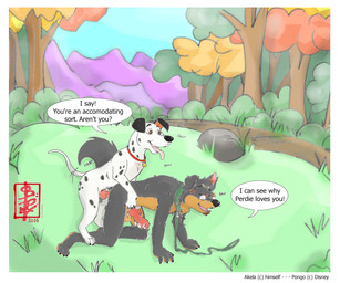anal anal_penetration animal_genitalia animal_penis anthro anthro_on_feral anthro_penetrated balls bestiality bodily_fluids border canine_genitalia canine_penis collar cum dialogue doggystyle duo ejaculation erection eyewear feral feral_on_top feral_penetrating feral_penetrating_anthro from_behind_position genital_fluids genitals glasses knot knotted_penis leash male male/male male_penetrated male_penetrating male_penetrating_male mounting penetration penile penile_penetration penis precum sex speech_bubble text white_border fennec_(artist) 101_dalmatians disney akela_vincent pongo canid canine canis dalmatian domestic_dog german_shepherd herding_dog mammal pastoral_dog wolf english_text