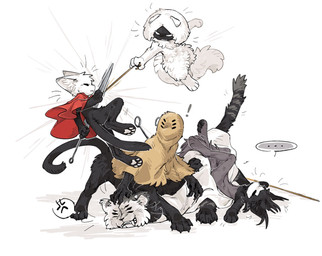 6_eyes action_pose ambiguous_gender angry anthro attack battle biped black_eyes black_nose bodily_fluids cloak clothing ellipsis empty_eyes exclamation_point fangs fingers fluffy fluffy_tail fur grey_body grey_fur group holding_melee_weapon holding_object holding_weapon inner_ear_fluff looking_at_another melee_weapon motion_lines mouth_closed multi_eye open_mouth pawpads paws pose quadruped red_cloak red_clothing sharp_teeth speech_bubble sweat sweatdrop tail teeth text tuft weapon white_body white_eyes white_fur aaasakawa hollow_knight:_silksong hollow_knight_(franchise) team_cherry first_sinner hornet_(hollow_knight) lace_(hollow_knight:_silksong) phantom_(hollow_knight:_silksong) widow_(hollow_knight:_silksong) felid feline mammal taur 2026 english_text hi_res female_(lore)