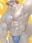 abs anthro armpit_hair body_hair bulge clothing detailed_bulge eyebrows fur hair horn male muscular muscular_anthro muscular_male nipples pecs purple_hair solo speedo swimwear thick_eyebrows white_body white_fur fug@9 lifewonders tokyo_afterschool_summoners behemoth_(tas) monster 3:4