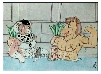 abs animal_genitalia animal_penis anthro barazoku bath bathhouse biceps black_hair black_penis border bovid_horn brown_eyes caprine_horn confident duo equine_genitalia equine_penis erection flexing flexing_bicep fur genitals hair horn horse_mane jewelry male male/male manly multicolored_body multicolored_fur muscular muscular_anthro muscular_male nude obliques pecs pendant penis pillar plant plant_pot ram_horn scar smile smirk water wet wet_body wet_fur white_border dashthefox bovid caprine equid equine horse mammal 2020 hi_res traditional_media_(artwork)