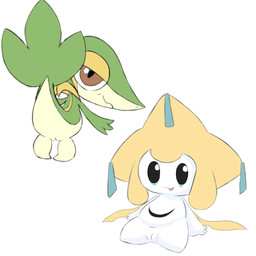 duo female feral genitals looking_at_viewer simple_background sitting smile spread_legs spreading standing tongue tongue_out vaginal vulva white_background chillsol nintendo pokemon generation_3_pokemon generation_5_pokemon humanoid jirachi legendary_pokemon pokemon_(species) snivy 1:1 hi_res