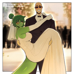 anthro armwear big_breasts black_tie_(suit) blush blush_lines breasts bridal_carry carrying_another cleavage clothed clothed_female clothing dress elbow_gloves eyelashes eyewear female female_on_human freckled_face freckled_shoulders freckles fully_clothed fully_clothed_female gloves green_body green_hair green_scales hair handwear happy human_on_anthro interspecies interspecies_romance jewelry long_eyelashes male male_human male_on_anthro necklace non-mammal_breasts ring romantic romantic_couple scales side_view smile solo suit sunglasses tail thick_tail wedding wedding_dress wedding_veil white_clothing white_dress orangedog cavemanon_studios i_wani_hug_that_gator inco_(iwhtg) olivia_halford baryonyx dinosaur human mammal prehistoric_species reptile saurischian scalie spinosaurid theropod 1:1 hi_res