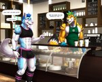 5_fingers abs anthro anthro_on_anthro apron apron_only barista beverage biceps blue_body blue_hair blush bulge cafe cake clock clothed clothing coffee coffee_shop container countershading cup dessert dialogue duo fingers food footwear fur green_hair hair humor lights male male/male muffin multicolored_body multicolored_clothing multicolored_fur multicolored_tail muscular muscular_anthro muscular_male navel nipples open_mouth orange_body pecs public smile socks speech_bubble tail text watch white_body dream_and_nightmare fluke_the_husky tirox_the_tiger-fox canid canine canis domestic_dog felid fox husky hybrid mammal nordic_sled_dog pantherine spitz tiger 2021 5:4 digital_media_(artwork) english_text hi_res