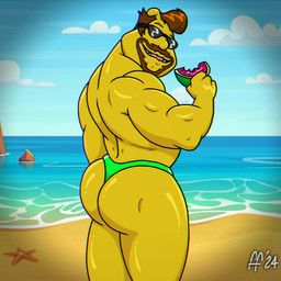 aged_up anthro beach big_butt biped brown_facial_hair brown_hair butt clothing cloud day eyewear facial_hair food fruit fur green_clothing green_thong green_underwear hair holding_food holding_fruit holding_melon holding_object holding_watermelon male melon muscular muscular_anthro muscular_male open_mouth open_smile outside plant pose sand sea sky smile solo sunglasses thong underwear water watermelon wearing_sunglasses yellow_body yellow_fur fabfelipe arthur_(series) binky_barnes canid canine canis domestic_dog mammal mastiff molosser 1:1 2024 chromatic_aberration digital_drawing_(artwork) digital_media_(artwork) hi_res pinup