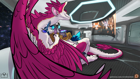ambiguous_gender anthro bed clothing cosmic_background duo_focus feathered_tail feathered_wings feathers female female_anthro feral food furniture glowing glowing_eyes glowing_markings group gryffindor holding_food holding_object holographic_screen jumpsuit looking_at_object male male_feral markings on_bed science_fiction science_fiction_background side_view sitting sitting_on_another sitting_on_bed space space_background tail wings errokioslem harry_potter_(series) mythology harry_potter hermione_granger ronald_weasley avali dragon feathered_dragon feathered_scalie mythological_creature mythological_scalie scalie full-length_portrait hi_res portrait
