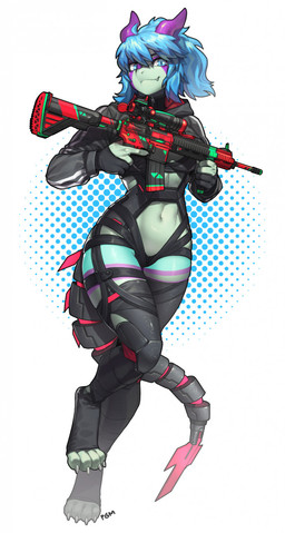 anthro assault_rifle blue_hair body_harness clothing crop_top cropped_hoodie curved_horn cybernetic_limb cybernetic_tail digitigrade facial_horn female fingerless_gloves footwear gloves green_body green_skin gun hair half-closed_eyes handwear harness hk416 horn narrowed_eyes nose_horn purple_stripes ranged_weapon rifle shirt small_waist smile solo stripes thick_thighs toeless_footwear toeless_legwear topwear weapon wide_hips pgm300 dynoray dinosaur dromaeosaurid prehistoric_species reptile saurischian scalie theropod hi_res