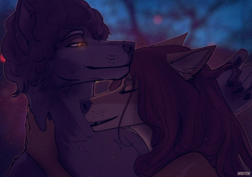 anthro black_hair blurred_background brown_body brown_fur brown_hair closed_smile cuddling duo ears_back eyelashes eyes_closed female fur grey_body grey_fur hair male mouth_closed narrowed_eyes nude open_mouth open_smile orange_eyes outside pivoted_ears side_view slight_smile smile text unknowhiter canid mammal 2015 artist_name