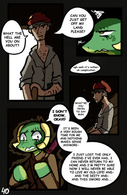 anthro clothed clothing dialogue duo female horn male melee_weapon speech_bubble sword text weapon yellow_eyes brradett lernie_(brradett) human mammal scalie absurd_res colored comic digital_media_(artwork) english_text hi_res