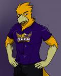 5_fingers abs anthro beak bedroom_eyes black_bottomwear black_clothing black_shorts blue_eyes bottomwear bulge chest_tuft clothing eyebrows feathers fingers gradient_background hands_on_hips lidded_eyes looking_at_viewer male mascot muscular muscular_anthro muscular_male narrowed_eyes orange_body orange_feathers pecs purple_background purple_clothing purple_eyes purple_shirt purple_topwear raised_eyebrow seductive shirt shorts simple_background solo topwear tuft arrwulf college_football ncaa tennessee_tech_golden_eagles tennessee_technological_university awesome_eagle accipitrid accipitriform avian bird eagle golden_eagle true_eagle 4:5 hi_res