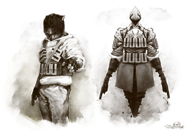 anthro clothing coat dual_wielding duo female fingerless_gloves gloves gun hair handgun handwear holding_object holding_weapon hoodie larger_female male messy_hair military pistol pose ranged_weapon size_difference special_forces topwear vest weapon mikelocesterlanders avian cougar felid feline mammal absurd_res hi_res sketch