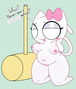 anthro belly blush bow_ribbon breasts eyelashes eyeshadow female genitals hammer kneeling makeup medium_breasts nipples nude nude_anthro nude_female raised_tail simple_background smug solo tail text thick_thighs tools vulva white_body tiimooner 4chan moot domestic_cat felid feline felis mammal 2026 archived_source