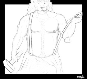 anthro belly bulge fur male muscular muscular_anthro muscular_male solo worker lionerz felid lion mammal pantherine monochrome