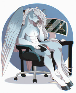 abs anthro biped feathers fingers front_view fur genitals hair hooves humanoid_genitalia humanoid_penis inside looking_at_viewer male nude nude_anthro nude_male penis sitting solo tail teeth wings chaiteakitten mythology equid equine mammal mythological_creature mythological_equine pegasus 2026 digital_drawing_(artwork) digital_media_(artwork) hi_res