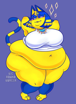 3_toes anthro belly belly_blush big_belly big_breasts big_butt blue_background blue_eyes blue_hair blue_outline blue_tail blush body_blush bottomless breasts butt clothed clothing double_chin egyptian egyptian_clothing feet female fur hair hands_behind_back huge_belly huge_breasts huge_butt markings navel neckwear noseless obese obese_anthro obese_female open_mouth outline overweight overweight_anthro overweight_female simple_background solo standing striped_markings striped_tail stripes tail tail_markings text toes topwear two_tone_tail uraeus usekh yellow_body yellow_fur yellow_tail bigroundburger animal_crossing cc-by-nc-nd creative_commons nintendo ankha_(animal_crossing) domestic_cat felid feline felis mammal 2023 absurd_res artist_name digital_drawing_(artwork) digital_media_(artwork) english_text hi_res watermark