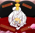 anthro bed big_breasts bodily_fluids breasts cum cum_in_pussy cum_inside defloration duo excessive_cum excessive_genital_fluids female furniture genital_fluids heart_symbol inside male male/female text king_of_sorrow_(artist) deltarune undertale undertale_(series) monster_kid temmie_(undertale) canid canine demon felid feline lizard mammal reptile scalie tem english_text