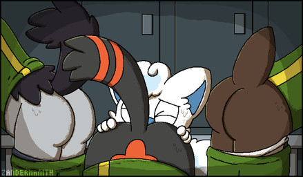anal anthro anthrofied biped bodily_fluids bottomwear bottomwear_down butt clothed clothing eyes_closed foursome group group_sex moan oral orgy pants pants_down partially_clothed pokemorph presenting presenting_hindquarters rimming sex sweat talking_to_another talking_to_partner text underwear underwear_down zandermanith nintendo pokemon alolan_form alolan_vulpix excadrill generation_3_pokemon generation_5_pokemon generation_7_pokemon mightyena pokemon_(species) regional_form_(pokemon) torracat animated artist_name cel_shading colored digital_media_(artwork) english_text hi_res shaded