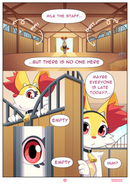 anthro biped border cowbell detailed_background dialogue eyelashes fur inner_ear_fluff inside pupils red_eyes shadow solo speech_bubble stable text tuft white_border yellow_body nikkibunn nintendo pokemon ellie_the_braixen braixen generation_6_pokemon pokemon_(species) comic hi_res