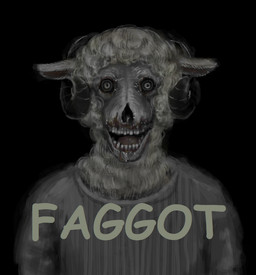 anthro clothing creepy ears_down fur homophobia homophobic_slur horn looking_at_viewer male nightmare_fuel open_mouth open_smile pivoted_ears scary shirt slur smile solo teeth teeth_showing text tongue topwear white_body white_fur white_wool wool_(fur) reynard_goodfellow reynard_the_baa bovid caprine mammal sheep undead