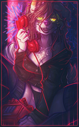 anthro big_breasts biped black_clothing black_panties black_underwear bodily_fluids breasts brown_body brown_fur brown_hair camel_toe chest_tuft cleavage clothed clothing crouching electronics eye_bags fangs female female_anthro fur genitals glowing glowing_eyes hair hoodie jacket landline_phone legwear messy_hair obscured_inner_labia off_shoulder open_mouth panties phone solo sweat sweatdrop teeth thigh_highs tired topwear tuft underwear vulva white_body white_fur yellow_eyes dimwitdog dimmi_(dimwitdog) canid canine canis domestic_dog mammal 5:8 absurd_res hi_res