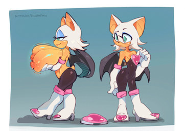 anthro armor big_breasts breast_envy breastplate breasts clothed clothing duo female fur green_eyes half-closed_eyes holding_breast huge_breasts looking_at_another membrane_(anatomy) membranous_wings narrowed_eyes small_breasts smile standing topless topless_anthro topless_female white_body white_fur wings disabledfetus sega sonic_the_hedgehog_(series) rouge_the_bat full-length_portrait hi_res portrait