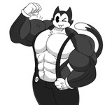 abs anthro belt big_muscles big_pecs black_eyes blush bottomwear cat_tail clothed clothing denim denim_bottomwear denim_clothing flexing huge_muscles huge_pecs jeans looking_at_viewer male muscular muscular_anthro muscular_male one_eye_closed overalls pants pecs smile smirk solo toony topless wink winking_at_viewer omegabrawl epic_games fortnite meowscles meowscles_(toon) domestic_cat felid feline felis mammal 1:1 monochrome