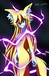 anthro blonde_hair breasts chest_tuft claws dandruff electricity electricity_manipulation elemental_manipulation featureless_breasts female fur hair inner_ear_fluff lightning long_hair looking_at_viewer nude purple_claws purple_eyes smile solo tail tuft white_body white_fur yellow_body yellow_fur nikku_lunatique ouko_furinji canid canine canis fox mammal hi_res