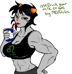 abs aged_up astrological_symbol bendy_straw beverage biceps big_breasts black_hair breasts cleavage clothed clothing drinking_straw female food grey_body grey_skin hair horn leo_(symbol) muscular muscular_female muscular_humanoid not_furry shirt solo symbol tank_top text topwear western_zodiac_symbol yellow_eyes mindwipe planetofjunk homestuck ms_paint_adventures nepeta_leijon alien alien_humanoid horned_humanoid humanoid troll_(homestuck) 2012 english_text