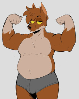 anthro briefs brown_body brown_fur brown_hair clothing flexing flexing_bicep flexing_both_biceps fur grey_background hair male simple_background slightly_chubby slightly_chubby_anthro slightly_chubby_male smile solo tan_body tan_fur underwear yellow_sclera juicyghost gizmo_(gizmoowl) canid canine canis domestic_dog mammal 4:5