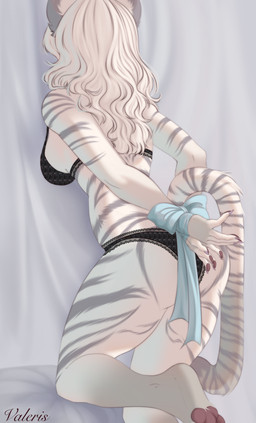 5_fingers anthro arm_markings back_markings barefoot bdsm biped black_bra black_clothing black_panties black_underwear bondage bound bra breasts butt butt_markings clothed clothed_anthro clothed_female clothing colored_nails faceless_anthro faceless_character faceless_female feet female female_anthro fingerless_(marking) fingernails fingerpads fingers fur fur_markings grey_ears grey_markings grey_stripes hair hands_behind_back hands_tied hands_tied_behind_back hindpaw hip_markings humanoid_hands lace lace_bra lace_panties leg_markings lingerie long_hair long_tail markings medium_breasts nails panties pawpads paws pink_pawpads plantigrade plantigrade_pawpads pose purple_fingernails purple_nails rear_view ribbon_bondage ribbons shoulder_markings simple_background solo striped_body striped_fur striped_markings striped_tail stripes tail tail_markings text thick_thighs three-quarter_view underwear underwear_only white_body white_fur white_hair valeris felid mammal pantherine tiger 2024 absurd_res artist_name colored digital_drawing_(artwork) digital_media_(artwork) hi_res pinup portrait shaded