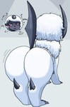 abstract_background annoyed big_butt blush butt female fur horn quadruped rear_view red_eyes solo spikes white_body white_fur commonbleat nintendo pokemon alby_(commonbleat) absol generation_3_pokemon pokemon_(species)