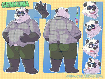 anthro black_nose blush bottomwear bulge butt clothing eyes_closed eyewear facial_piercing glasses male nose_piercing nose_ring one_eye_closed open_mouth overweight overweight_male piercing ring_piercing shirt shorts solo topwear white_body wink spacepanda bear giant_panda mammal 2025 4:3 hi_res model_sheet