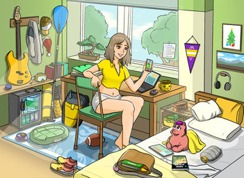 alarm_clock alcohol ambiguous_feral ambiguous_gender anklet bag ball baseball_cap bass_guitar bed bedding beer beverage blanket bonsai book bottle_opener bottomwear bowl canned_drink cellphone chair christmas_clothing christmas_headwear clock clothed clothed_human clothing coffee computer computer_mouse container cup desk digital_clock diving_mask duo electronics exposed_belly eye_contact eyewear female female_human feral footwear fur furniture goggles grey_bottomwear grey_clothing grey_shorts gridiron_ball guitar guitar_pick hair hat headgear headphones headwear holding_cellphone holding_object holding_phone holding_smartphone holidays human_focus inside jewelry laptop light_body light_skin looking_at_another mask midriff mug musical_instrument navel oar open_mouth paddle pet_bowl pet_food phone picture_on_wall pillow plant plucked_string_instrument purple_hair red_body red_fur santa_hat shelf shirt shoes shorts sitting smartphone smile sneakers string_instrument swimming_fins table tablet_computer text topwear tree water window yellow_clothing yellow_shirt yellow_topwear carpdime christmas fluffy_pony fluffy_pony_(species) human mammal artist_name detailed digital_media_(artwork) hi_res