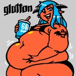 666 arm_tattoo belly belly_grab big_belly bikini black_horn black_text blue_hair breasts clothed clothing female fingers fondling grey_background hair horn looking_at_viewer navel nipple_outline not_furry obese obese_female open_mouth open_smile overweight overweight_female red_body red_skin self_fondle simple_background skimpy small_breasts smile soda_cup solo swimwear tattoo text text_on_container two-piece_swimsuit white_text woot demon humanoid 1:1 2023 digital_drawing_(artwork) digital_media_(artwork) english_text oekaki portrait three-quarter_portrait