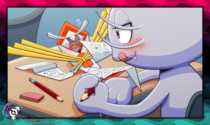 1_eye 3_fingers ambiguous_gender arrow_through_heart blush blush_lines bodily_fluids body_writing border chair cute_fangs desk duo eraser fangs female female/ambiguous feral fingers furniture grey_body grey_eyes grey_whiskers heart_symbol licking licking_lips licking_own_lips lying markings on_back on_chair orange_markings origami papercraft pencil_(object) pink_tongue sex sex_toy sitting sitting_on_chair spread_legs spreading sweat sweatdrop table teeth text tongue tongue_out toying_partner whiskers white_body yellow_markings knight-of-syrinx nintendo pokemon alolan_form alolan_meowth animate_inanimate felid generation_7_pokemon kartana mammal pokemon_(species) regional_form_(pokemon) ultra_beast hi_res url watermark
