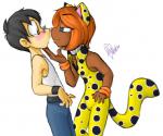 animal_print black_hair blue_eyes blush brown_body brown_eyes brown_skin cheetah_print clothing duo eye_contact eyewear glasses hair lidded_eyes looking_at_another male male/male orange_hair pale_skin shirt simple_background tank_top topwear kittydee samba_de_amigo sega rio_(samba_de_amigo) felid human mammal 2006 digital_media_(artwork)