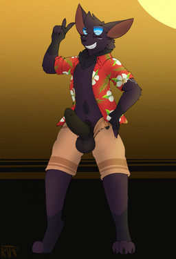 aloha_shirt anthro balls barefoot bat_ears bottomwear clothed clothing erection eyes_closed eyewear feet fur genitals glasses humanoid_genitalia humanoid_penis ineffective_clothing male neck_tuft open_bottomwear open_clothing open_pants open_shirt open_topwear pants pattern_clothing pattern_shirt pattern_topwear penis purple_body purple_fur shirt shorts simple_background smile solo teeth topwear tuft katauni katauni_(ghost_forger) bat mammal wingless_bat 2025 hi_res