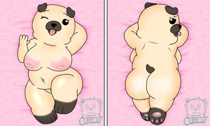 anthro bed_sheet bedding big_breasts big_butt breasts brown_body brown_fur butt dakimakura female front_view fur inverted_nipples looking_back multicolored_body nipples one_eye_closed presenting presenting_hindquarters rear_view shortstack slightly_chubby solo thick_thighs tongue tongue_out two_tone_body wink d13w0tt_(artist) dogs_in_space netflix sophie_(dogs_in_space) canid canine canis domestic_dog mammal molosser pug small_molosser toy_dog dakimakura_design hi_res