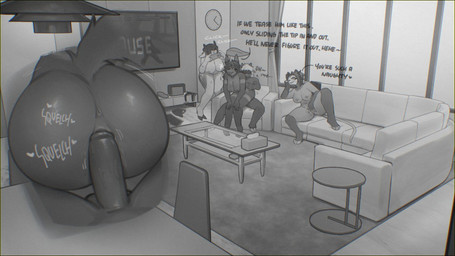anthro anus areola big_butt biped breasts butt chair_position cloven_hooves detailed_background dialogue electronics female female_penetrated fingering fingering_self from_behind_position furniture genitals group holding_object holding_phone hooves male male/female male_penetrating masturbation nipples outside penetration penile penile_penetration penis phone sex sofa tail taking_picture text vaginal vaginal_fingering vaginal_penetration voyeur vulva sincrescent bovid canid canine caprine mammal rodent hi_res