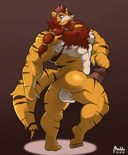 abs anthro backsack balls beard biceps big_balls big_muscles big_penis biped black_nose braided_beard brown_background brown_body brown_fur butt chest_tuft countershading erection facial_hair facial_piercing feet fur genitals gradient_background humanoid_feet humanoid_genitalia humanoid_penis king lip_piercing looking_back male muscular muscular_anthro muscular_male nipples nose_piercing nose_ring nude pecs penis piercing plantigrade pose rear_view ring_piercing royalty septum_piercing simple_background soles solo standing stripes tan_body tan_fur thick_penis tuft white_body white_fur yellow_body yellow_fur maldu king_william_astro canid canine canis felid hybrid liger lion mammal pantherine tiger wolf 2015 dated signature
