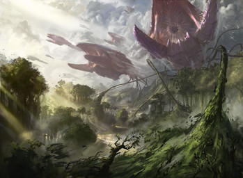 ambiguous_gender cheek_window cloud day destruction detailed_background exoskeleton forest group landscape macro open_mouth outside plant purple_body purple_exoskeleton scenery_porn sharp_teeth split_jaw teeth tentacles tree water henry_peters warhammer_(franchise) warhammer_40000 alien devourer_cruiser tyranid 2022 digital_media_(artwork) hi_res official_art