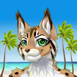 anthro beach big_ear big_ears big_eyes black_body black_fur brown_body brown_fur brown_nose cheek_tuft ear_tuft eye_contact eyebrows facial_markings facial_tuft fur fur_markings gradient_background green_eyes head_markings inner_ear_fluff leaf light looking_at_another looking_at_viewer male markings multicolored_body multicolored_fur orange_body orange_fur palm_tree palms pink_ears plant pointy_ears prick_ears red_nose sand sea seaside simple_background sky slim slim_anthro slim_male smile solo spots spotted_body spotted_fur spotted_markings sun sunlight toony toony_eyes tree tuft tufted_fur water white_body white_fur ziona_(artist) lylox eurasian_lynx felid feline felis lynx mammal 1:1 2025 digital_drawing_(artwork) digital_media_(artwork) hi_res icon spot_color watermark