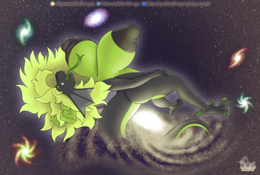 anthro big_breasts big_butt big_nipples black_body black_nipples breasts butt claws colored_nails cosmic_background curvy_figure fangs female galaxy green_body green_claws green_eyes green_hair green_horn green_nails green_scales hair horn huge_breasts huge_nipples intergalactic_macro long_hair long_tongue macro macro_female nails nipples open_mouth scales solo tail teeth thick_tail thick_thighs tongue zero_gravity knockedoutdragon european_mythology mythology kaya_(knockedoutdragon) dragon mythological_creature mythological_scalie scalie western_dragon hi_res watermark