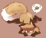 anthro blush brown_body brown_fur burger cute_fangs dark daww dipstick_tail fangs female fluffy fluffy_tail food fur gloves_(marking) green_eyes hair kemono leg_markings markings mischievous multicolored_tail nude question_mark simple_background socks_(marking) solo speech_bubble tail tail_markings tan_body tan_fur teeth conditional_dnp fiddleafox averi_(fiddleafox) canid canine fox mammal red_fox true_fox