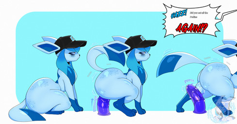 anal anal_penetration baseball_cap big_butt blue_background blue_body butt clothing collar dialogue dildo dildo_in_ass dildo_insertion dildo_sitting emanata femboy feral hat headgear headwear huge_butt male object_in_ass onomatopoeia penetration sex_toy sex_toy_in_ass sex_toy_insertion simple_background solo sound_effects speech_bubble tail text emmet_twunks nintendo pokemon razz_(emmet_twunks) eeveelution generation_4_pokemon glaceon pokemon_(species) absurd_res english_text hi_res