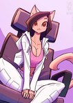 anthro breasts brown_hair chair cleavage clothed clothing conditional_dnp domestic_cat felid feline felis female fully_clothed fur furniture hair jacket jollyjack looking_at_viewer mammal midriff open_clothing open_jacket open_topwear red_eyes sitting solo tan_body tan_fur topwear