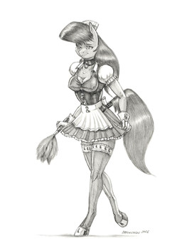 anthro bracelet breasts choker cleaning_tool cleavage clothed clothed_anthro clothed_female clothing collar feather_duster female fur gloves hair handwear holding_duster holding_object hooves jewelry legwear maid_apron maid_headdress maid_uniform mane mouth_closed musical_note musical_symbol necklace nipple_outline smile solo symbol tail thigh_highs unguligrade uniform baron_engel friendship_is_magic hasbro my_little_pony octavia_(mlp) earth_pony equid equine horse mammal pony 2026 greyscale hi_res monochrome signature